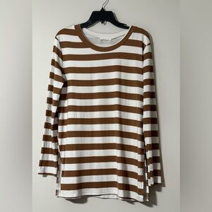 Reborn J 🍂 Brown & White Stripe Slit Tunic Top  Long Sleeve - Size L ☕
